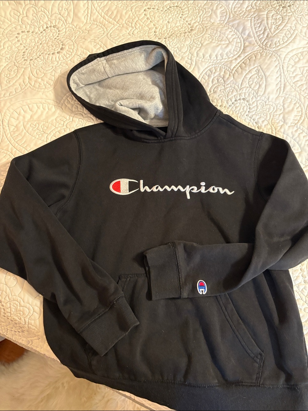 Champion Black Hoodie with Contrasting Grey Lining and Logo